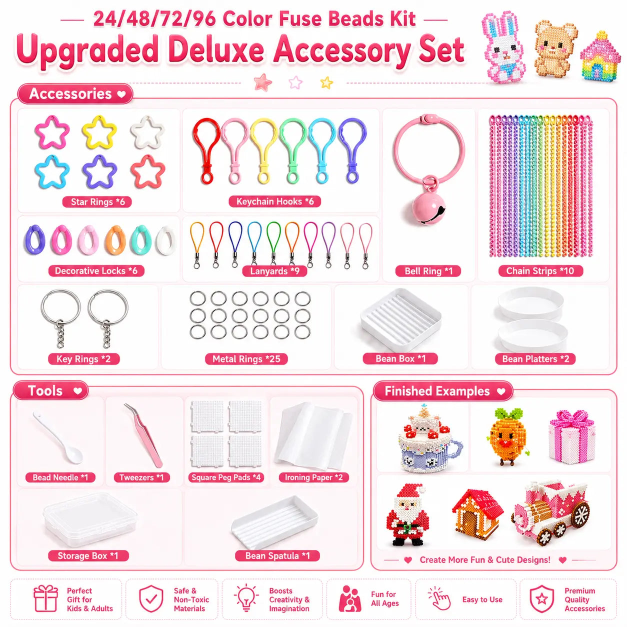 24/48/72/96 Colors DIY Fuse Beads Craft Set Complete Kit with Storage Case Pegboards Tweezers Ironing Paper for Creative Art Handmade Gifts Home Activities Educational Toys for Kids & Adults Alphabet Perler