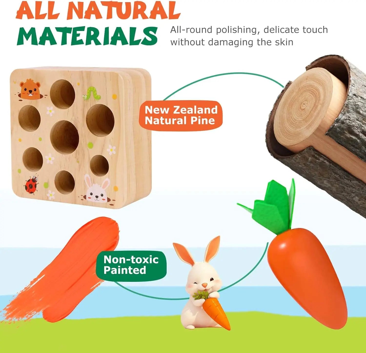 Montessori Wooden Carrot Pulling Toy Toddler Fine Motor Skills Educational Game Sensory Carrot Harvest Toy for 1-3 Year Old Kids