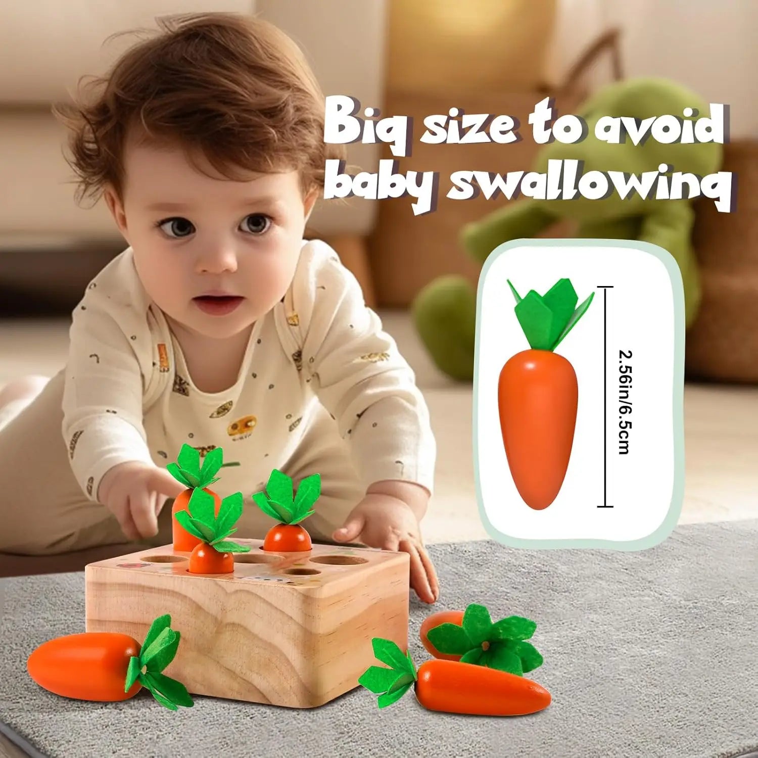 Montessori Wooden Carrot Pulling Toy Toddler Fine Motor Skills Educational Game Sensory Carrot Harvest Toy for 1-3 Year Old Kids