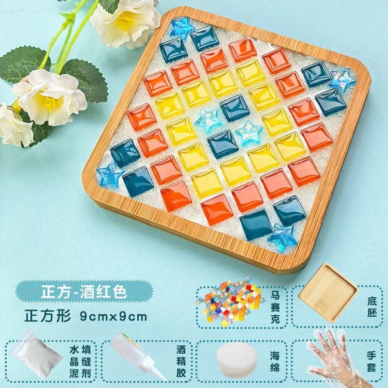 DIY Handmade Coaster Creative Mosaic Crystal Bamboo Material Kits Cup Mat Parent-Child Hand Craft Toy Kids Gift