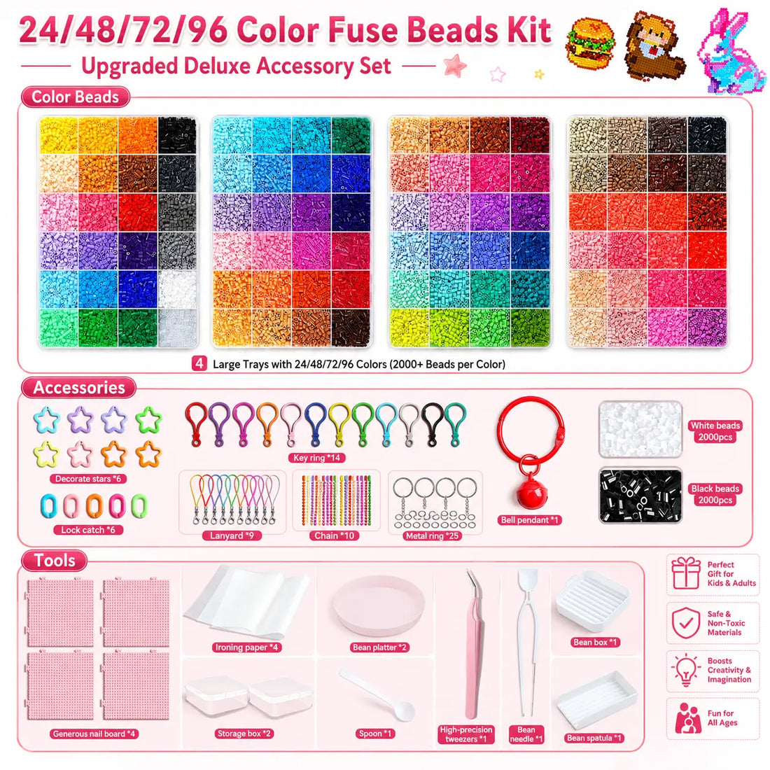 24/48/72/96 Colors DIY Fuse Beads Craft Set Complete Kit with Storage Case Pegboards Tweezers Ironing Paper for Creative Art Handmade Gifts Home Activities Educational Toys for Kids &amp; Adults Alphabet Perler