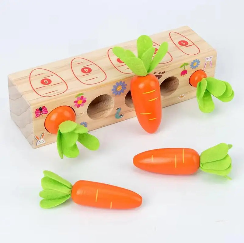 Montessori Wooden Carrot Pulling Toy Toddler Fine Motor Skills Educational Game Sensory Carrot Harvest Toy for 1-3 Year Old Kids