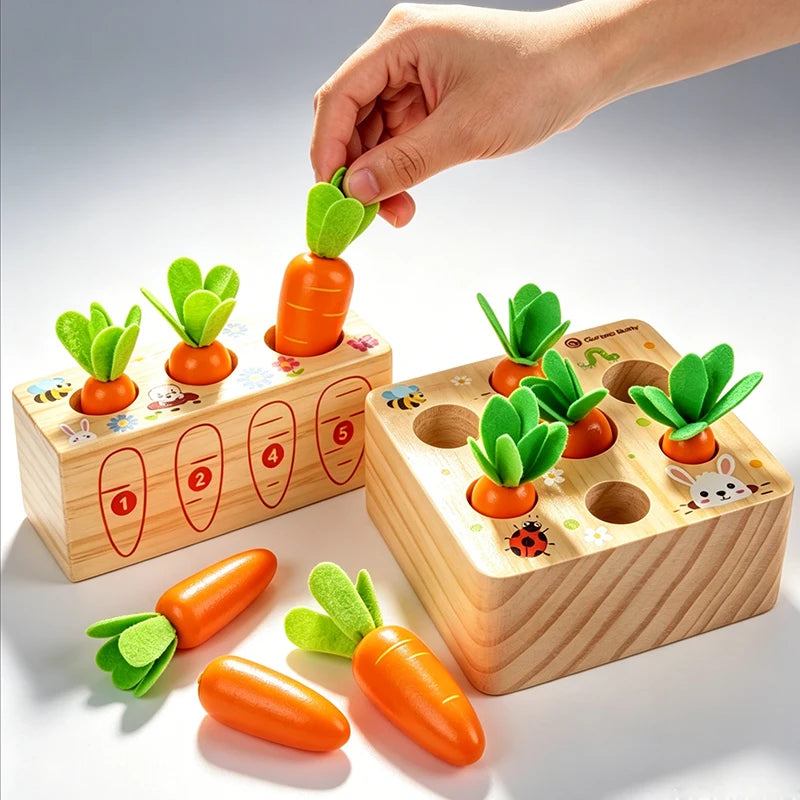 Montessori Wooden Carrot Pulling Toy Toddler Fine Motor Skills Educational Game Sensory Carrot Harvest Toy for 1-3 Year Old Kids
