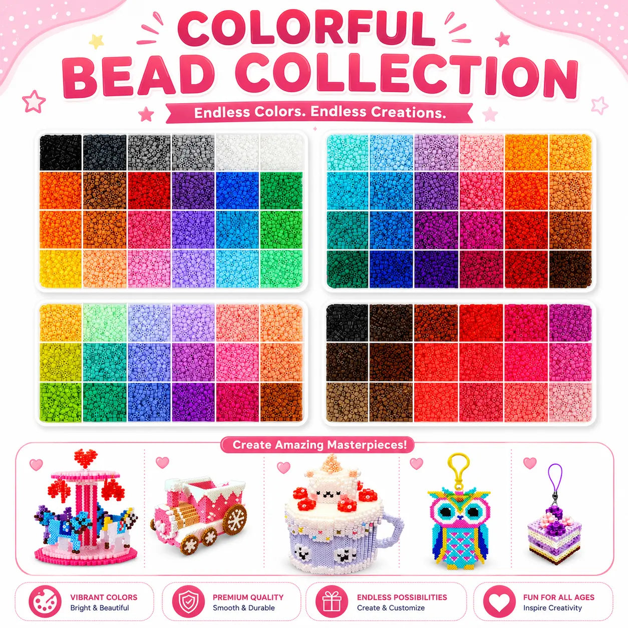 24/48/72/96 Colors DIY Fuse Beads Craft Set Complete Kit with Storage Case Pegboards Tweezers Ironing Paper for Creative Art Handmade Gifts Home Activities Educational Toys for Kids & Adults Alphabet Perler
