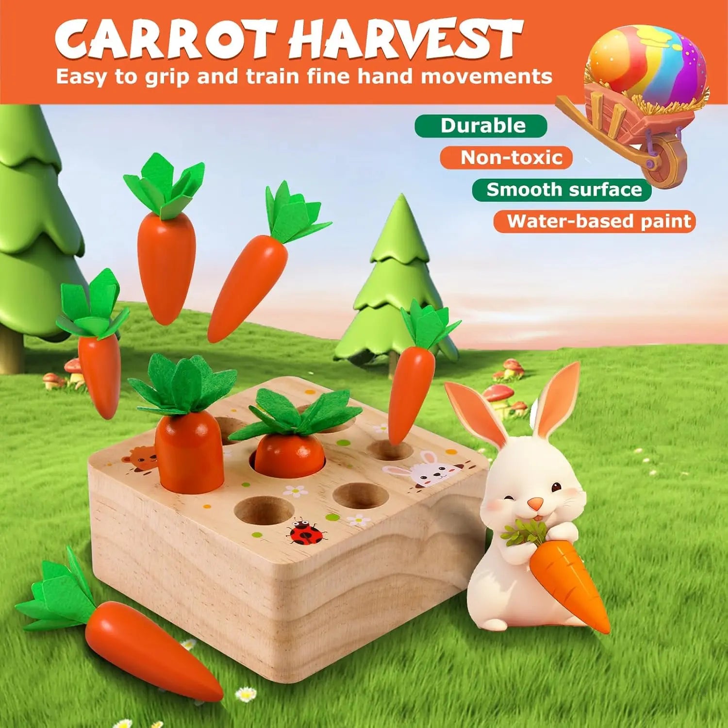 Montessori Wooden Carrot Pulling Toy Toddler Fine Motor Skills Educational Game Sensory Carrot Harvest Toy for 1-3 Year Old Kids